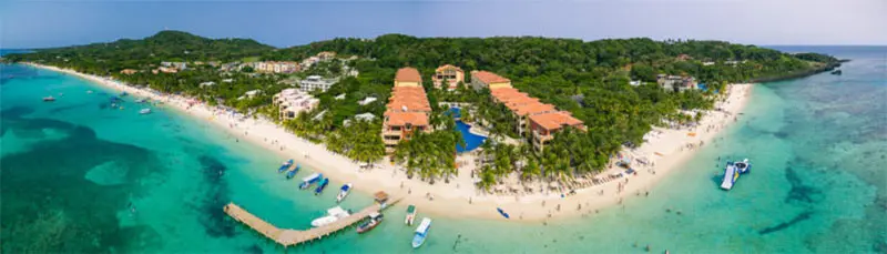 Aerial view of West Bay beach and resorts on Roatan