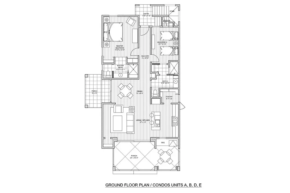 Watercolors Resort Roatan floor plan, condo units A, B, D and E