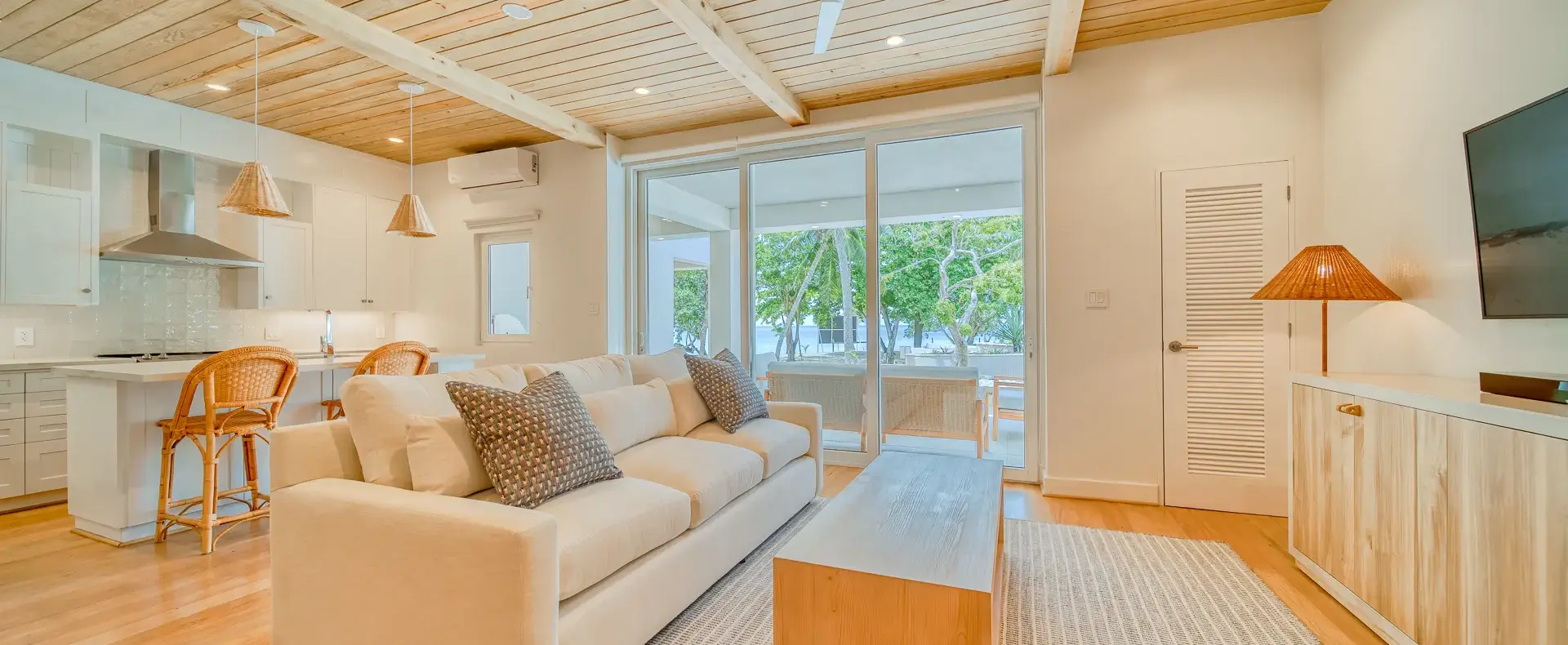 Living room with wooden ceiling, Watercolors D4 condo, West Bay