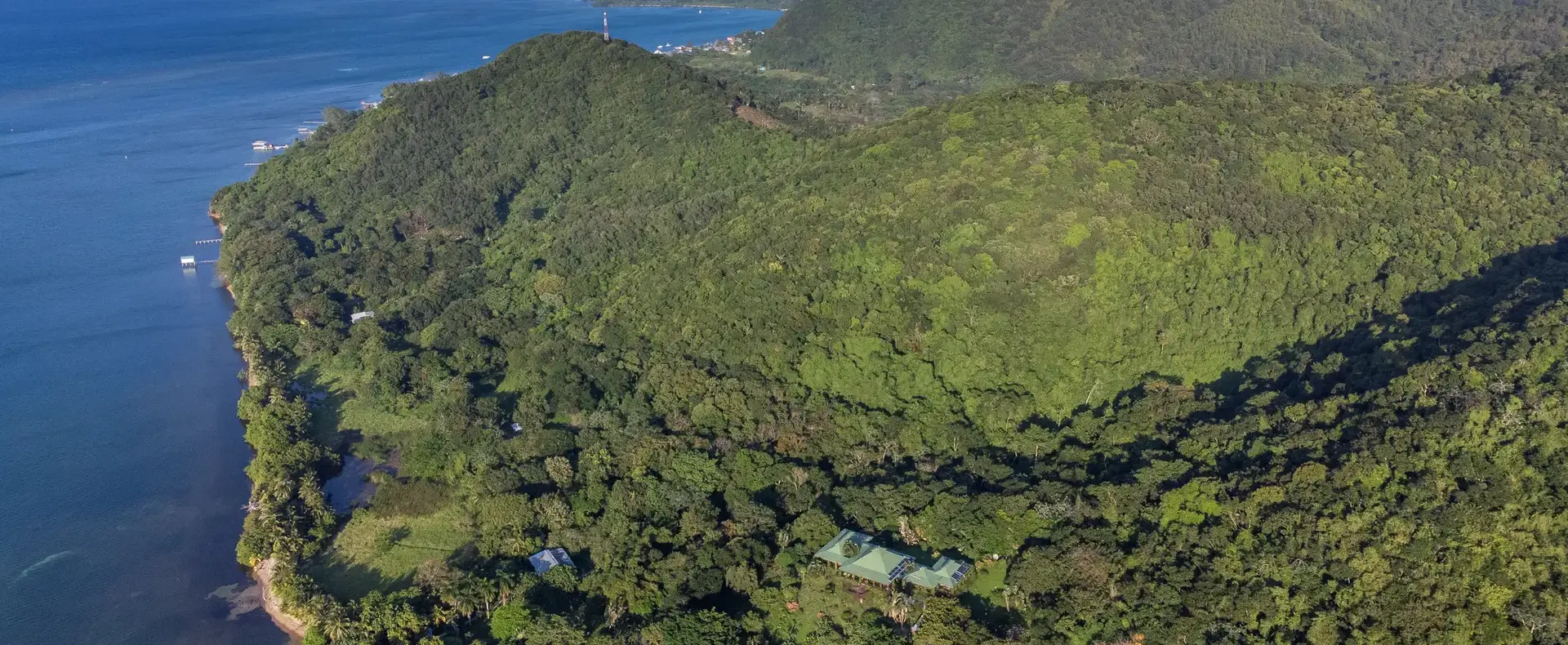 Aerial view of the coastline of the 482-acre property, Guanaja Island