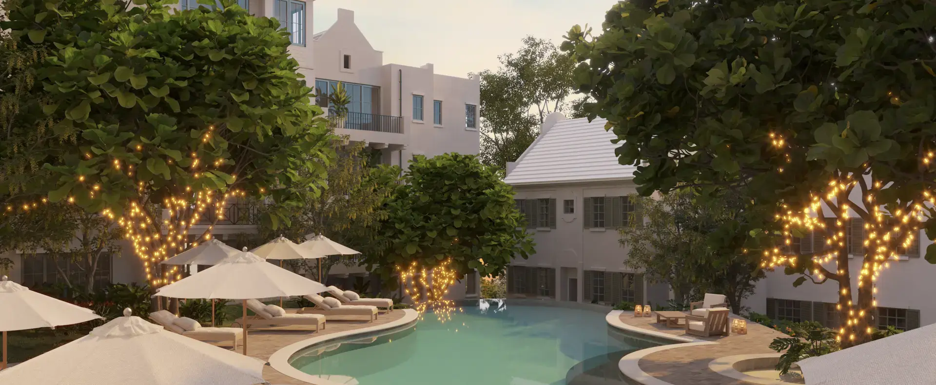Pool area at dusk, Watercolors Village Condos, West Bay, Roatan