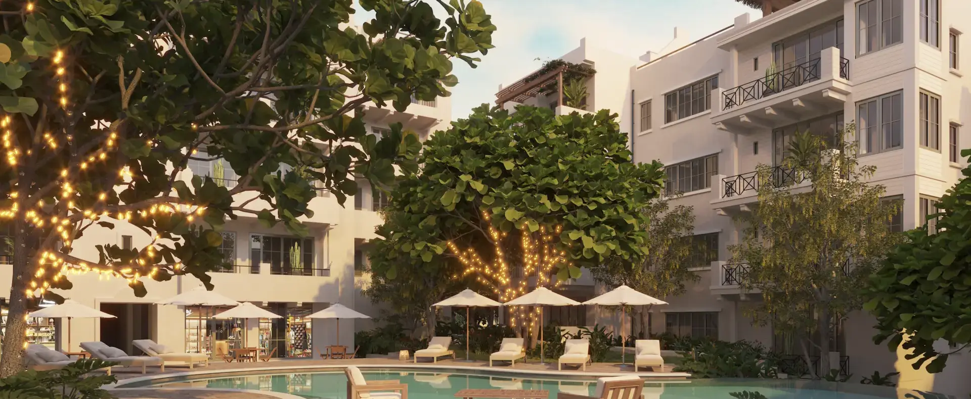 Pool view with garden lights, Watercolors Village Condos, West Bay, Roatan