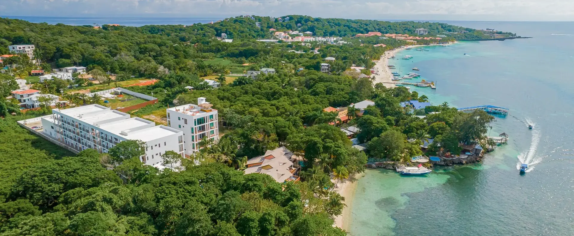 Aerial view of Acqua di Mare and West Bay Beach, Roatan