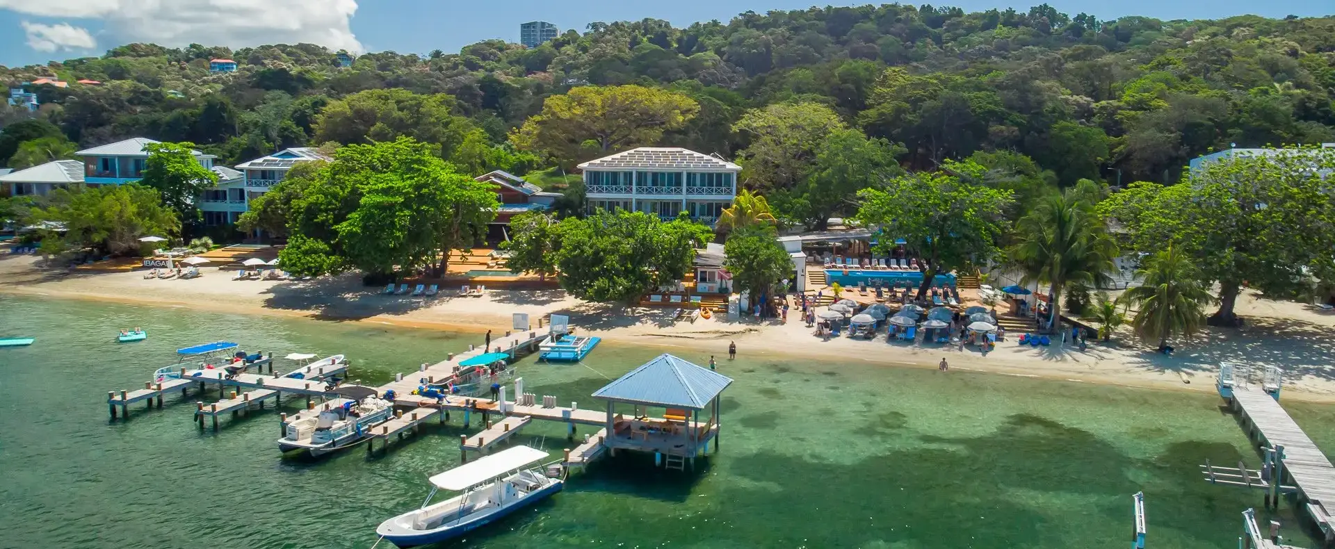Aerial view of the docks near Blue Roatan Residence, between West End and West Bay