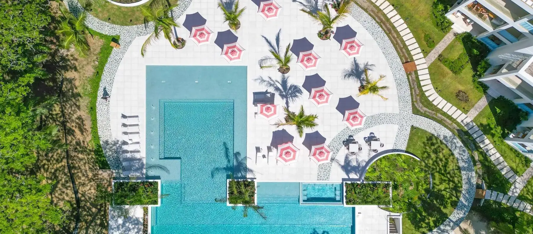 Aerial view of the Watercolors pool and gardens, West Bay