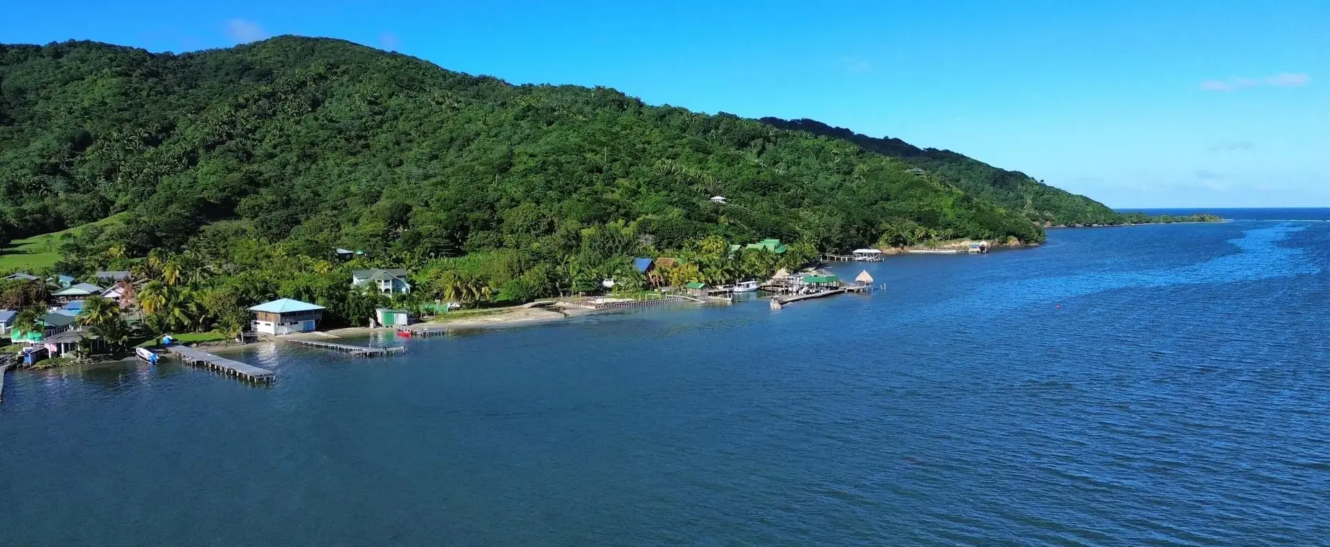 Coastline and bay of Guanaja from the air
