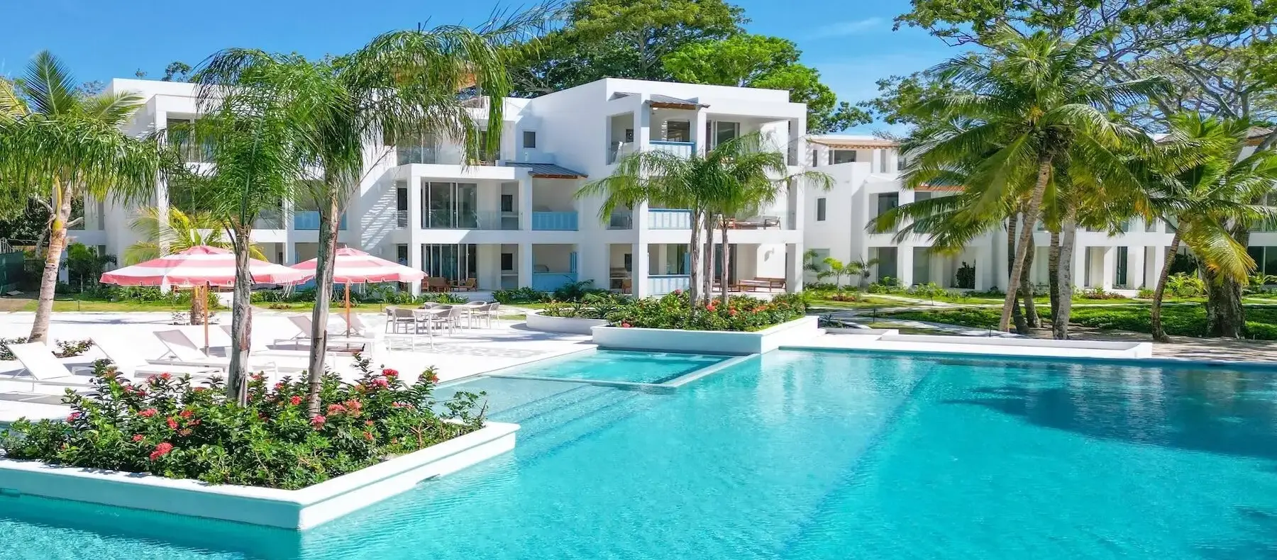 Resort pool and condo buildings at Watercolors, West Bay, Roatan